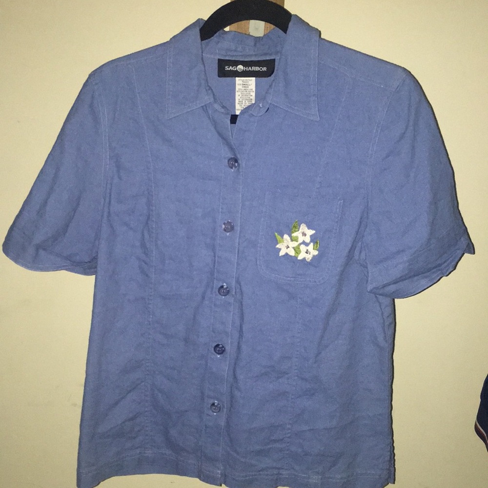 Blue embroidered detail button down